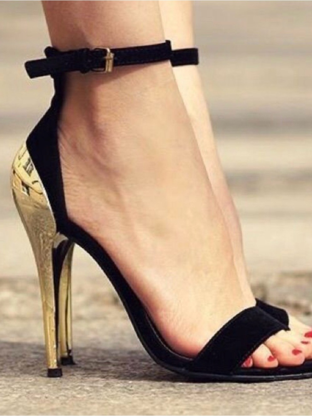Zara Black Suede Ankle-Strap Heels with Gold Metallic Heel